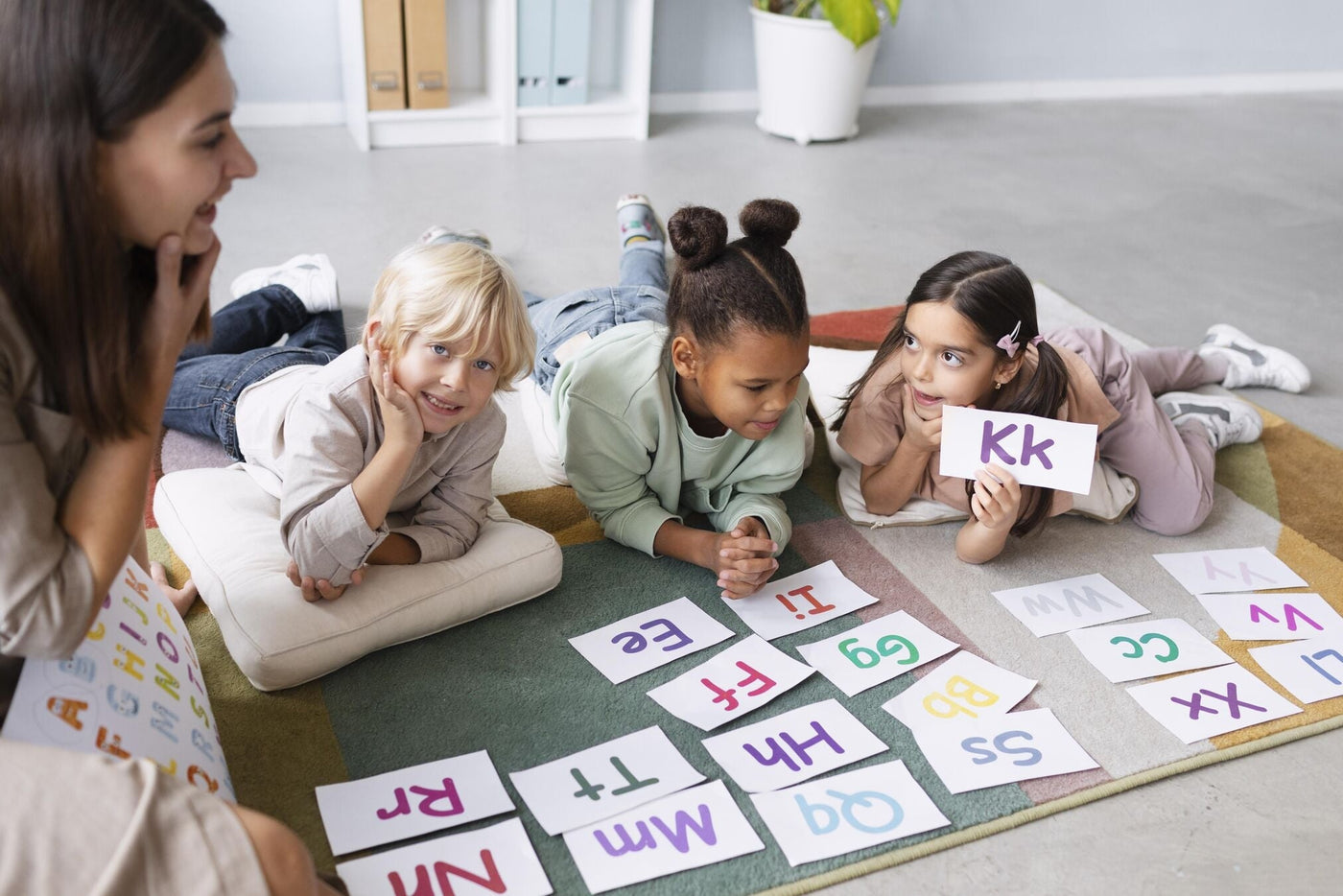 Montessori teacher guiding toddler in hands-on learning activity