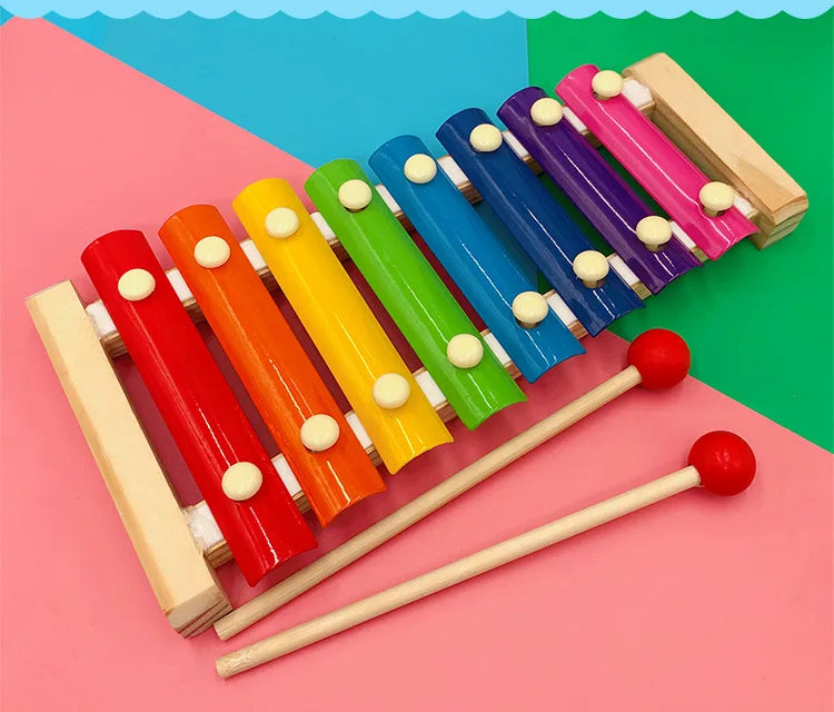 Montessori Wooden Music Instrument on display, highlighting its vibrant colors.