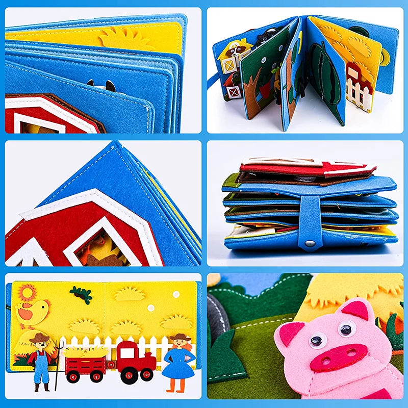 Various angles of the Montessori Farm Animals Busy Board pages.