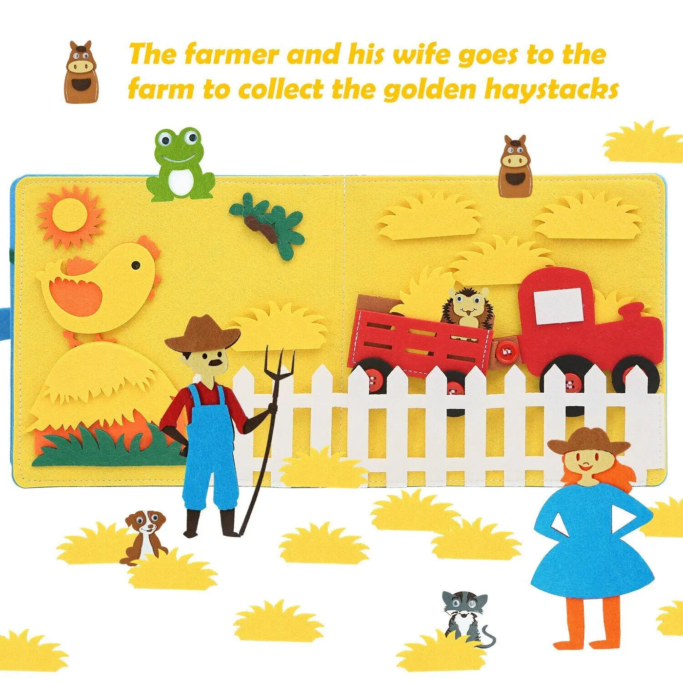 One of the pages of the Montessori Farm Animals Busy Board showing a farmers and their animals and a tractor.
