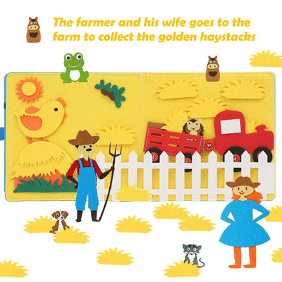 One of the pages of the Montessori Farm Animals Busy Board showing a farmers and their animals and a tractor.
