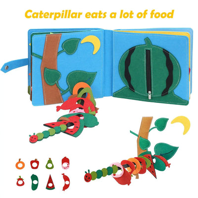 One of the pages of Montessori Farm Animals Busy Board showing caterpillar and a watermelon