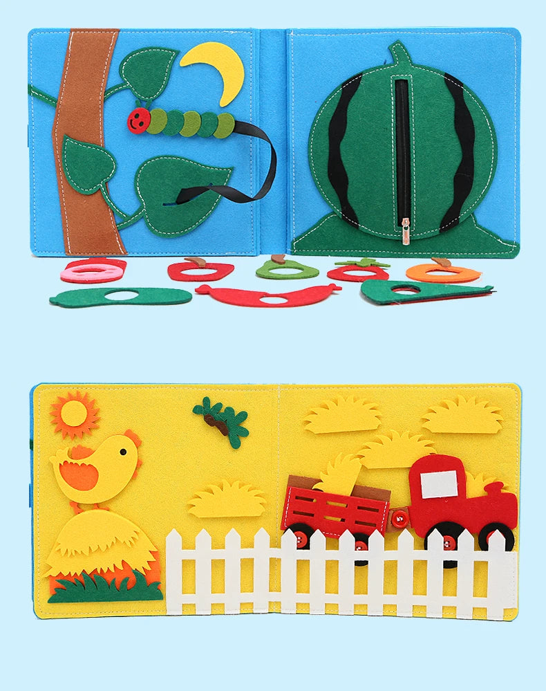 Pages of the Montessori Farm Animals Busy Board featuring a watermelon tree, a farm with chickens, and a tractor.