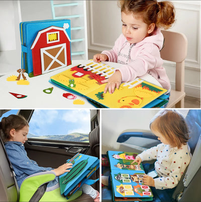 Toddlers reading Montessori Farm Animals Busy Board