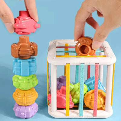 Hands playing with a Montessori Shape Sorter Game