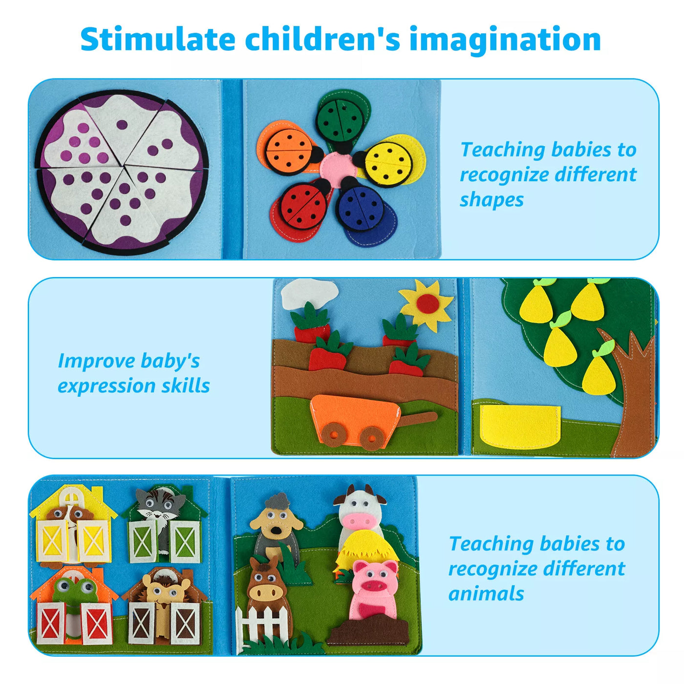 One of the pages of the Montessori Farm Animals Busy Board showcases the benefits for children