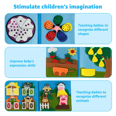 One of the pages of the Montessori Farm Animals Busy Board showcases the benefits for children